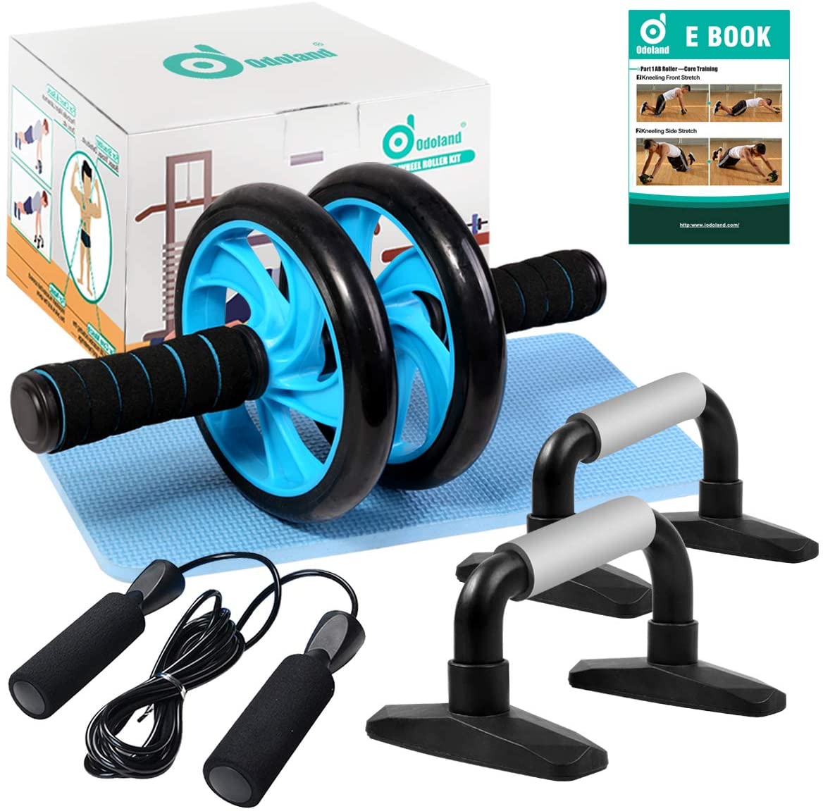 Odoland 4-in-1 AB Wheel Roller Kit AB Roller Pro with Push-Up Bar, Jump Rope and Knee Pad - Perfect Abdominal Core Carver Fitness Workout for Abs - Home Gym Workout